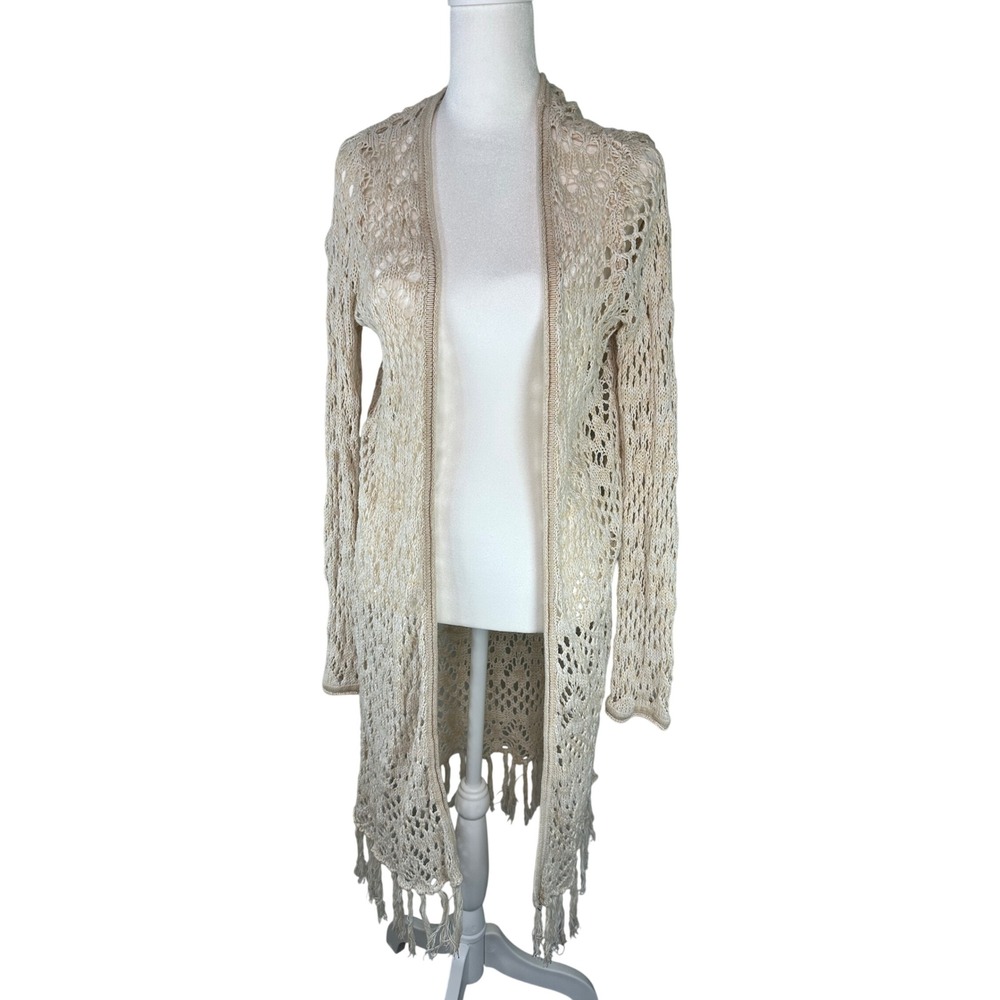 Billabong Crochet Knit Cardigan Boho Style Fringe Size Medium Cream Color